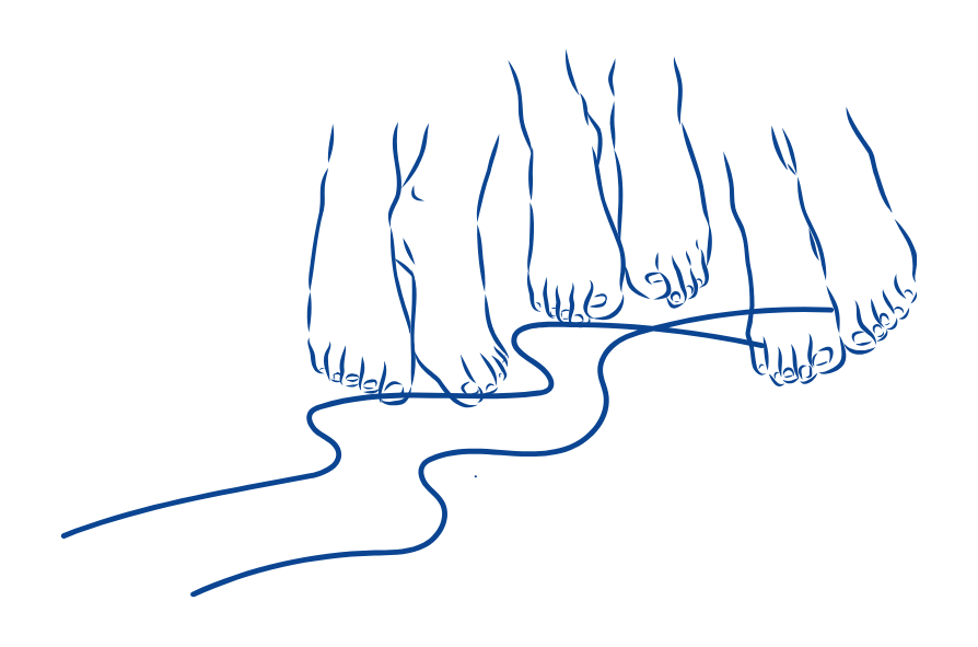 Des pieds nus avançant ensemble sur un chemin commun, dessin au trait bleu.